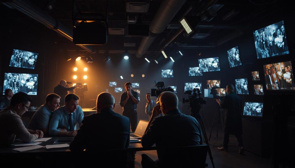 A dimly lit, behind-the-scenes look at the reality TV industry. In the foreground, a group of producers huddle around a table, poring over scripts and footage. Subtle lighting casts dramatic shadows, evoking the high-stakes pressure of the business. In the middle ground, a camera crew captures the action, their equipment and focus pulling the viewer into the scene. The background is a maze of cables, lights, and a network of monitors displaying various reality show footage, hinting at the complex web of production. An atmosphere of intensity and urgency pervades the space, reflecting the cutthroat nature of the industry. This exclusive, candid glimpse reveals the hidden machinery powering the spectacle of reality television.