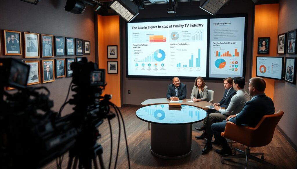 A dimly lit studio setting, the walls adorned with framed industry awards and magazine covers. In the foreground, a professional-looking panel of diverse experts seated around a table, deep in discussion. Mid-ground, cameras and production equipment capture the interview, the lens trained on the panelists. The background features a large projection screen displaying data visualizations, charts, and graphs illustrating the state of the reality TV industry. Soft, warm lighting casts a contemplative mood, while the camera angle suggests an insider's perspective, inviting the viewer to join the conversation. A dimly lit studio setting, the walls adorned with framed industry awards and magazine covers. In the foreground, a professional-looking panel of diverse experts seated around a table, deep in discussion. Mid-ground, cameras and production equipment capture the interview, the lens trained on the panelists. The background features a large projection screen displaying data visualizations, charts, and graphs illustrating the state of the reality TV industry. Soft, warm lighting casts a contemplative mood, while the camera angle suggests an insider's perspective, inviting the viewer to join the conversation.
