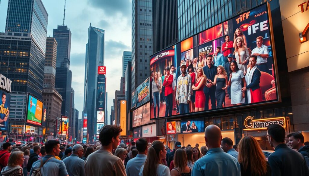 A dynamic cityscape with towering skyscrapers and bustling streets. In the foreground, a large TV screen displays the vibrant colors and captivating scenes of a network reality show, drawing the attention of a crowd of onlookers. In the middle ground, a group of people are gathered around a smaller device, immersed in the intimate, personalized world of a streaming service. Soft, warm lighting bathes the scene, creating a sense of energy and excitement, while the contrast between the larger-than-life network TV and the more intimate streaming experience highlights the evolving nature of modern media consumption. A dynamic cityscape with towering skyscrapers and bustling streets. In the foreground, a large TV screen displays the vibrant colors and captivating scenes of a network reality show, drawing the attention of a crowd of onlookers. In the middle ground, a group of people are gathered around a smaller device, immersed in the intimate, personalized world of a streaming service. Soft, warm lighting bathes the scene, creating a sense of energy and excitement, while the contrast between the larger-than-life network TV and the more intimate streaming experience highlights the evolving nature of modern media consumption.