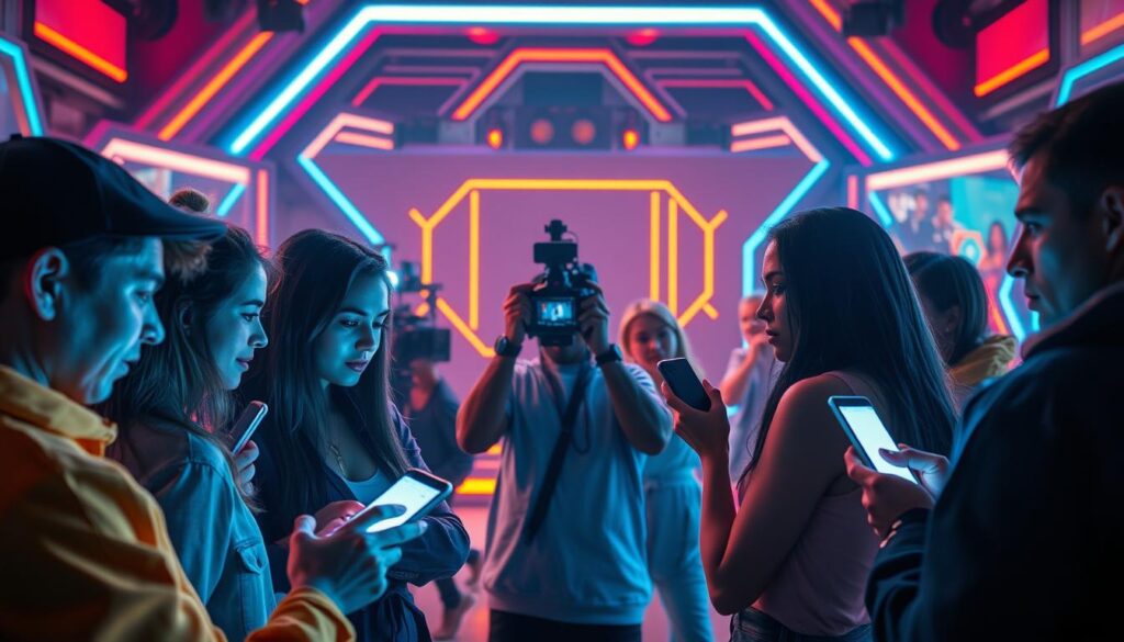 A dynamic, high-energy scene depicting the intersection of social media and reality TV. In the foreground, a group of social media influencers engage in dramatic interactions, their faces illuminated by the glow of smartphone screens. In the middle ground, a camera crew captures the action, immersing the viewer in the production process. The background features a visually striking set design, with bold colors, geometric patterns, and futuristic technological elements that evoke the sleek, hyper-connected world of modern media. The lighting is cinematic, with dramatic shadows and highlights that heighten the sense of tension and excitement. The overall atmosphere is one of heightened emotion, digital connectivity, and the blurring of lines between reality and performance. A dynamic, high-energy scene depicting the intersection of social media and reality TV. In the foreground, a group of social media influencers engage in dramatic interactions, their faces illuminated by the glow of smartphone screens. In the middle ground, a camera crew captures the action, immersing the viewer in the production process. The background features a visually striking set design, with bold colors, geometric patterns, and futuristic technological elements that evoke the sleek, hyper-connected world of modern media. The lighting is cinematic, with dramatic shadows and highlights that heighten the sense of tension and excitement. The overall atmosphere is one of heightened emotion, digital connectivity, and the blurring of lines between reality and performance.