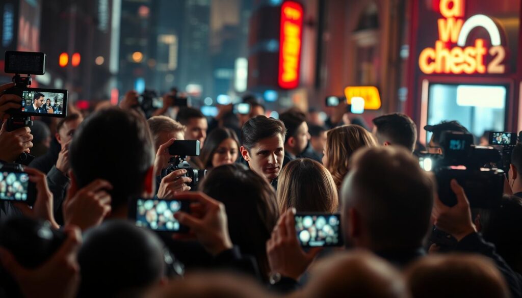 A dynamic scene of reality TV gossip unfolding in a visually striking manner. In the foreground, a group of paparazzi captures candid moments of celebrities, their cameras flashing as they crowd around a central figure. The middle ground features the celebrities themselves, caught in a tense interaction, their expressions conveying the drama and tension of the moment. The background is a blurred, neon-lit cityscape, hinting at the fast-paced, high-stakes world of celebrity culture. The lighting is dramatic, with sharp contrasts and shadows, heightening the sense of excitement and intrigue. The overall composition is dynamic and cinematic, drawing the viewer into the heart of the celebrity gossip landscape. A dynamic scene of reality TV gossip unfolding in a visually striking manner. In the foreground, a group of paparazzi captures candid moments of celebrities, their cameras flashing as they crowd around a central figure. The middle ground features the celebrities themselves, caught in a tense interaction, their expressions conveying the drama and tension of the moment. The background is a blurred, neon-lit cityscape, hinting at the fast-paced, high-stakes world of celebrity culture. The lighting is dramatic, with sharp contrasts and shadows, heightening the sense of excitement and intrigue. The overall composition is dynamic and cinematic, drawing the viewer into the heart of the celebrity gossip landscape.