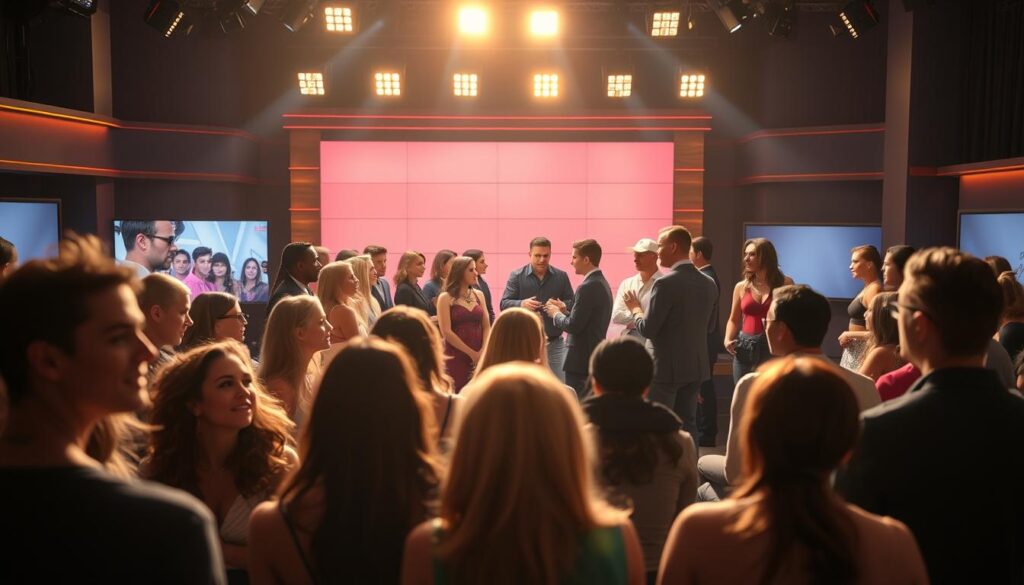 A lively reality TV set, buzzing with anticipation. In the foreground, a group of aspiring cast members nervously awaiting their auditions, their expressions a mix of excitement and trepidation. The middle ground features the production crew, huddled in intense discussion, gesturing animatedly as they plan the upcoming season's cast changes. In the background, a sleek, modern studio backdrop sets the scene, illuminated by warm, cinematic lighting that casts dramatic shadows. The atmosphere is charged with the electricity of the industry, hinting at the profound impact these casting decisions will have on the lives of those involved. A lively reality TV set, buzzing with anticipation. In the foreground, a group of aspiring cast members nervously awaiting their auditions, their expressions a mix of excitement and trepidation. The middle ground features the production crew, huddled in intense discussion, gesturing animatedly as they plan the upcoming season's cast changes. In the background, a sleek, modern studio backdrop sets the scene, illuminated by warm, cinematic lighting that casts dramatic shadows. The atmosphere is charged with the electricity of the industry, hinting at the profound impact these casting decisions will have on the lives of those involved.