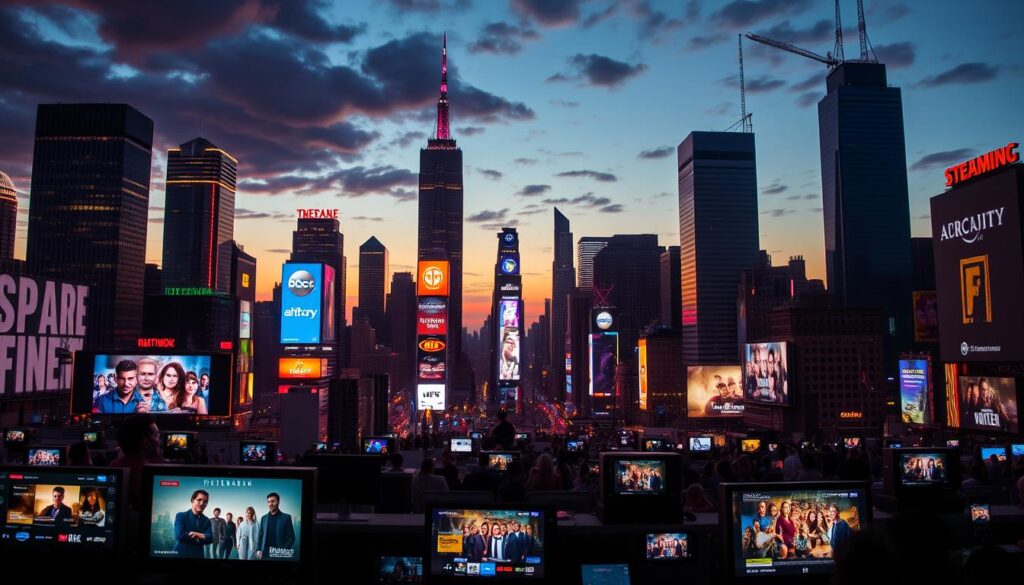 A sprawling cityscape at dusk, with towering skyscrapers and neon-lit billboards showcasing the logos of major streaming platforms and network television channels. In the foreground, an array of television sets and mobile devices display a mix of new and returning shows, their vibrant colors and dynamic visuals reflecting the ever-evolving landscape of modern entertainment. The scene is illuminated by a warm, cinematic lighting, creating a sense of energy and anticipation as viewers eagerly await the latest offerings from both the streaming and network realms. The composition is balanced, with a sense of depth and visual interest, capturing the intersection of traditional and digital media in the rapidly changing world of television. A sprawling cityscape at dusk, with towering skyscrapers and neon-lit billboards showcasing the logos of major streaming platforms and network television channels. In the foreground, an array of television sets and mobile devices display a mix of new and returning shows, their vibrant colors and dynamic visuals reflecting the ever-evolving landscape of modern entertainment. The scene is illuminated by a warm, cinematic lighting, creating a sense of energy and anticipation as viewers eagerly await the latest offerings from both the streaming and network realms. The composition is balanced, with a sense of depth and visual interest, capturing the intersection of traditional and digital media in the rapidly changing world of television.