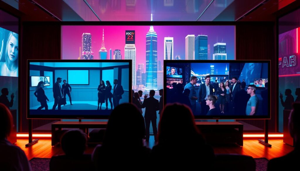 A vibrant, cinematic comparison of streaming and network reality TV. In the foreground, two TV screens side-by-side display contrasting reality show scenes - one with a sleek, modern streaming interface, the other with a classic cable network aesthetic. The middle ground features stylized silhouettes of viewers, their eyes glued to the screens, representing the diverse audiences drawn to each format. The background is a dynamic, neon-tinged cityscape, symbolizing the urban, on-the-go lifestyle of the streaming generation versus the more traditional domestic setting of network TV. Dramatic cinematic lighting casts dramatic shadows, heightening the sense of a shifting media landscape. The overall mood is one of technological progress, visual flair, and the changing dynamics of reality TV consumption. A vibrant, cinematic comparison of streaming and network reality TV. In the foreground, two TV screens side-by-side display contrasting reality show scenes - one with a sleek, modern streaming interface, the other with a classic cable network aesthetic. The middle ground features stylized silhouettes of viewers, their eyes glued to the screens, representing the diverse audiences drawn to each format. The background is a dynamic, neon-tinged cityscape, symbolizing the urban, on-the-go lifestyle of the streaming generation versus the more traditional domestic setting of network TV. Dramatic cinematic lighting casts dramatic shadows, heightening the sense of a shifting media landscape. The overall mood is one of technological progress, visual flair, and the changing dynamics of reality TV consumption.