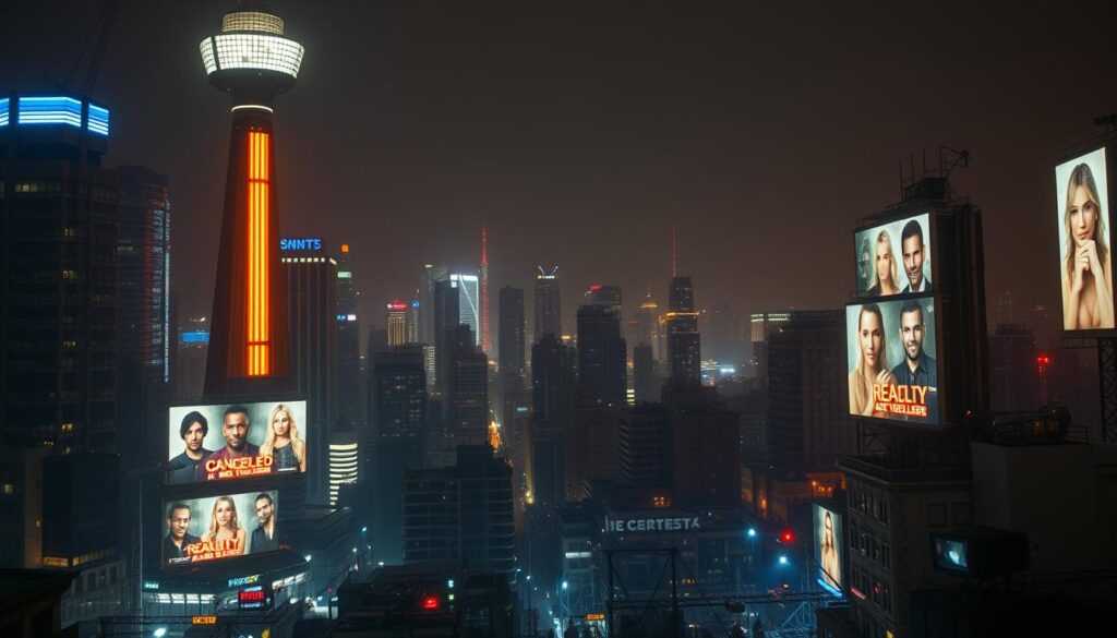 Dramatic nighttime cityscape, neon-soaked urban sprawl. In the foreground, imposing broadcast towers loom, their blinking lights casting an ominous glow. Amidst the towering skyscrapers, billboards flicker with ghostly images of canceled reality TV shows - forgotten faces, shattered dreams. The middle ground is a chaotic jumble of production equipment, cameras, and crew scrambling in the shadows, the weight of abrupt cancellations pressing down. In the distant background, a hazy, starless sky, the quiet aftermath of an industry in flux. Cinematic, moody, and tinged with a sense of melancholy, this is the reality of 2025's biggest reality TV shakeups.