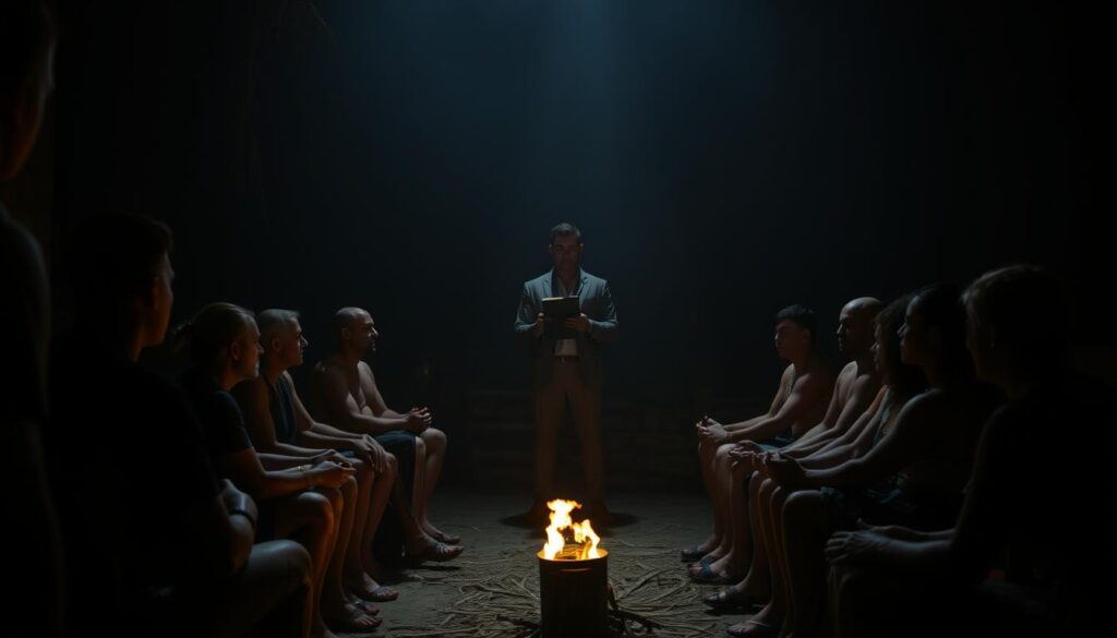 A dimly lit, cinematic scene of a Tribal Council set from a popular reality TV show. In the foreground, the tribal members sit in a semicircle, their faces lit by the flickering torchlight, expressions tense and anticipatory. In the middle ground, the host stands solemnly, clipboard in hand, guiding the proceedings. The background is shrouded in shadows, hinting at the high stakes and strategic maneuverings taking place. The atmosphere is charged with drama and suspense, perfectly capturing the intensity of a crucial Tribal Council moment. A dimly lit, cinematic scene of a Tribal Council set from a popular reality TV show. In the foreground, the tribal members sit in a semicircle, their faces lit by the flickering torchlight, expressions tense and anticipatory. In the middle ground, the host stands solemnly, clipboard in hand, guiding the proceedings. The background is shrouded in shadows, hinting at the high stakes and strategic maneuverings taking place. The atmosphere is charged with drama and suspense, perfectly capturing the intensity of a crucial Tribal Council moment.