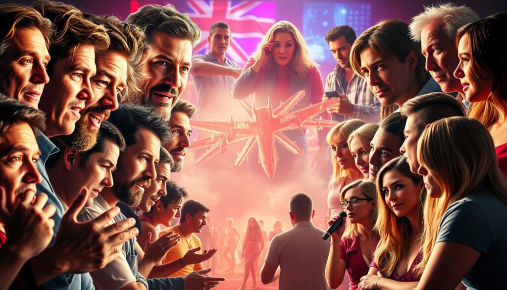 A lively collage showcasing iconic moments from beloved British reality TV shows. In the foreground, larger-than-life personalities take center stage, their expressions and gestures captured in dynamic, cinematic poses. The middle ground features a kaleidoscope of vibrant, hyper-realistic scenes - from over-the-top challenges to candid confessionals. In the background, a hazy, dreamlike setting evokes the addictive, high-stakes atmosphere of these captivating programs. Dramatic lighting accentuates the rawness and authenticity that define the allure of British reality TV, creating a bold, visually striking image that celebrates the medium's unique flair.