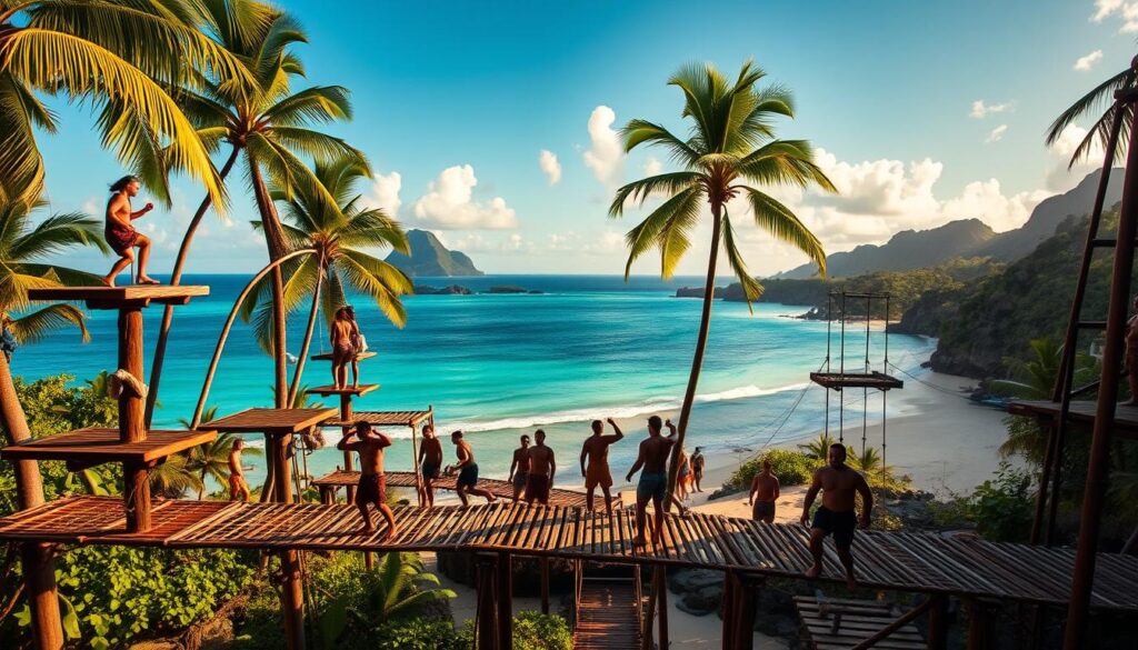 A lush tropical paradise, the Fiji islands provide the backdrop for the iconic Survivor immunity challenge. In the foreground, castaways navigate a series of obstacles - balancing on precarious platforms, scaling cargo nets, and navigating treacherous swinging bridges. Midground, the challenge arena is bathed in golden sunlight, casting dramatic shadows and highlights across the competitors' faces, capturing their intense focus and determination. In the distance, the cerulean waters of the Pacific Ocean stretch out, framed by swaying palm trees and verdant, rugged terrain. An atmosphere of high-stakes tension and strategic maneuvering permeates the scene, as the participants push their physical and mental limits in pursuit of the coveted immunity idol.
