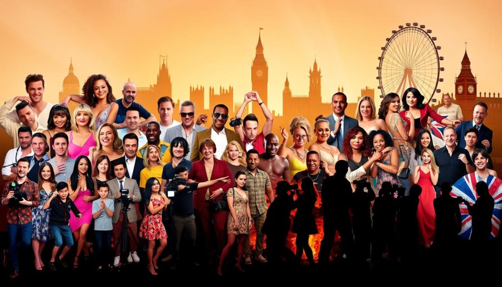 A visually compelling collage showcasing the most iconic and fan-favorite UK reality TV shows. In the foreground, a vibrant array of diverse cast members from shows like Love Island, The Great British Bake Off, and Strictly Come Dancing, captured in lively, candid poses that exude the energy and excitement of these programs. In the middle ground, silhouettes of camera crews, production equipment, and studio sets create a sense of the behind-the-scenes action. The background features a stylized skyline of the UK, with landmarks like the London Eye and Big Ben, creating a distinctly British atmosphere. The lighting is warm and slightly theatrical, with a cinematic quality that enhances the sense of drama and entertainment. The overall composition is dynamic, cohesive, and visually captivating, perfectly capturing the essence of the UK's most beloved reality TV shows.