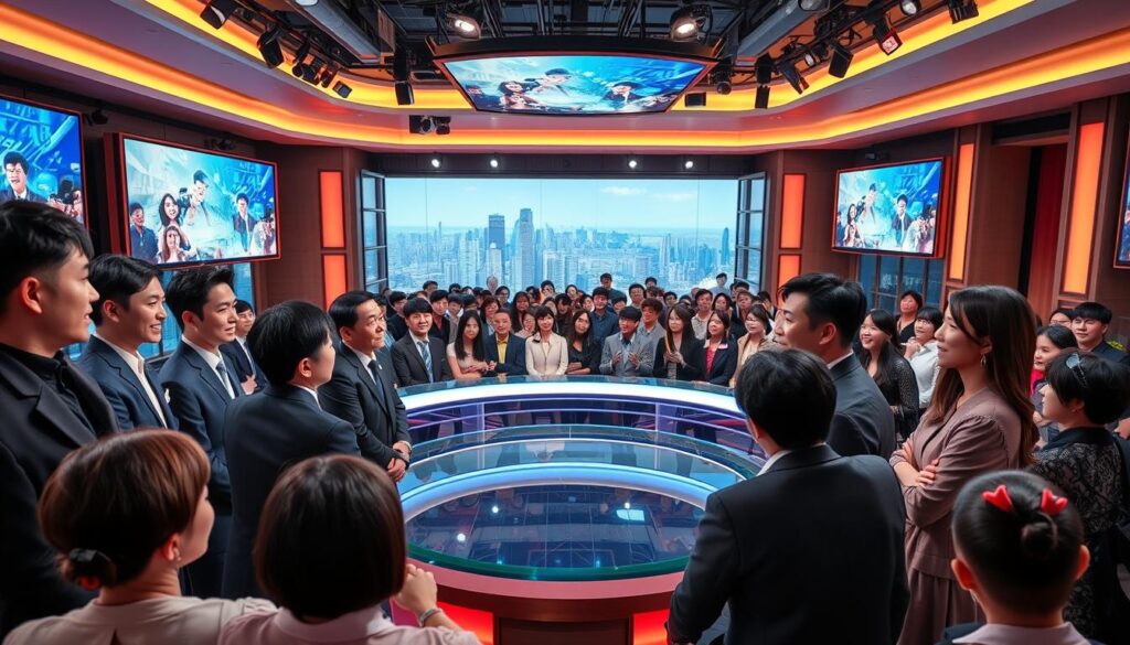 A bustling Korean reality TV studio, with a dynamic set featuring sleek LED screens and vibrant lighting. The foreground showcases a group of charismatic, stylishly dressed hosts engaged in lively discussions, their expressions animated and captivating. In the middle ground, a diverse audience of viewers watches intently, their faces filled with excitement and anticipation. The background depicts a panoramic view of the studio, with high ceilings, modern architectural elements, and a subtle hint of the city skyline visible through the windows, creating a sense of urban energy and sophistication. The overall atmosphere is one of high-energy entertainment, cutting-edge production, and the thrill of the Korean reality TV experience. A bustling Korean reality TV studio, with a dynamic set featuring sleek LED screens and vibrant lighting. The foreground showcases a group of charismatic, stylishly dressed hosts engaged in lively discussions, their expressions animated and captivating. In the middle ground, a diverse audience of viewers watches intently, their faces filled with excitement and anticipation. The background depicts a panoramic view of the studio, with high ceilings, modern architectural elements, and a subtle hint of the city skyline visible through the windows, creating a sense of urban energy and sophistication. The overall atmosphere is one of high-energy entertainment, cutting-edge production, and the thrill of the Korean reality TV experience.