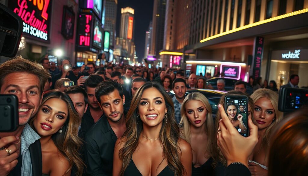 A busy, paparazzi-filled scene of reality TV drama and scandals. In the foreground, gossip-fueled celebrities pose for the cameras, expressions ranging from staged smiles to scandalized outrage. Flashing bulbs and frenzied journalists capture the tension. In the middle ground, fans and onlookers crowd around, phones raised to document the spectacle. The background is a blur of neon lights, sleek luxury cars, and the towering facades of high-end venues - the glittering stage for these unfolding scandals. Dramatic shadows and highlights create an atmosphere of sensationalism and high-stakes tabloid fodder. A provocative, larger-than-life depiction of the juiciest reality TV drama. A busy, paparazzi-filled scene of reality TV drama and scandals. In the foreground, gossip-fueled celebrities pose for the cameras, expressions ranging from staged smiles to scandalized outrage. Flashing bulbs and frenzied journalists capture the tension. In the middle ground, fans and onlookers crowd around, phones raised to document the spectacle. The background is a blur of neon lights, sleek luxury cars, and the towering facades of high-end venues - the glittering stage for these unfolding scandals. Dramatic shadows and highlights create an atmosphere of sensationalism and high-stakes tabloid fodder. A provocative, larger-than-life depiction of the juiciest reality TV drama.