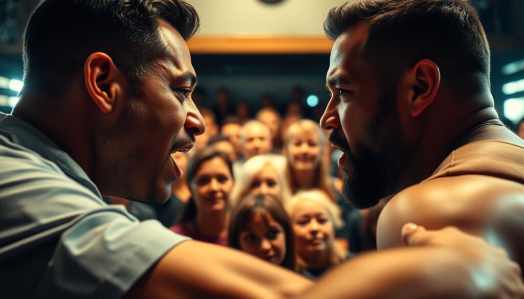 A chaotic reality TV scene unfolds before the viewer's eyes. In the foreground, a heated confrontation between two dynamic personalities, their expressions a mix of intensity and raw emotion. Subtle lighting casts dramatic shadows, heightening the tension. In the middle ground, a crowd of onlookers, their faces a blend of fascination and disbelief, captured in a cinéma vérité style. The background is a blur of motion, hinting at the larger production environment, the cameras and crew capturing this pivotal moment. The overall atmosphere is one of high-stakes drama, a sense of the unexpected and the unseen, as if the viewer has been granted a window into a world of unscripted, controversial reality. A chaotic reality TV scene unfolds before the viewer's eyes. In the foreground, a heated confrontation between two dynamic personalities, their expressions a mix of intensity and raw emotion. Subtle lighting casts dramatic shadows, heightening the tension. In the middle ground, a crowd of onlookers, their faces a blend of fascination and disbelief, captured in a cinéma vérité style. The background is a blur of motion, hinting at the larger production environment, the cameras and crew capturing this pivotal moment. The overall atmosphere is one of high-stakes drama, a sense of the unexpected and the unseen, as if the viewer has been granted a window into a world of unscripted, controversial reality.