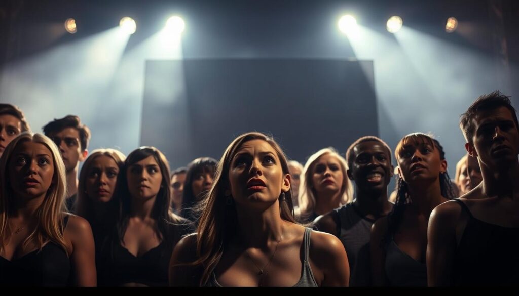 A dramatic, cinematic scene of the "biggest reality TV shocks" unfolds before the viewer. In the foreground, a group of anxious, wide-eyed contestants stand in suspense, their expressions conveying a sense of shock and disbelief. Dramatic lighting casts shadows, heightening the tension. In the middle ground, a large, imposing screen dominates the frame, hinting at the dramatic reveal about to take place. The background is shrouded in darkness, with a faint glow emanating from the screen, creating an air of mystery and anticipation. The overall mood is one of intense emotion, capturing the essence of an "iconic reality TV moment" that has the power to captivate and forever change the genre. A dramatic, cinematic scene of the "biggest reality TV shocks" unfolds before the viewer. In the foreground, a group of anxious, wide-eyed contestants stand in suspense, their expressions conveying a sense of shock and disbelief. Dramatic lighting casts shadows, heightening the tension. In the middle ground, a large, imposing screen dominates the frame, hinting at the dramatic reveal about to take place. The background is shrouded in darkness, with a faint glow emanating from the screen, creating an air of mystery and anticipation. The overall mood is one of intense emotion, capturing the essence of an "iconic reality TV moment" that has the power to captivate and forever change the genre.