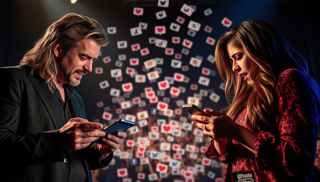 A dramatic scene of reality TV stars in the throes of social media controversy. In the foreground, two influencers engaged in a heated argument, their faces contorted with emotion as they furiously type on their smartphones. The middle ground features a swirling mass of social media notifications, likes, and comments, reflecting the intense viewer engagement. In the background, a dimly lit stage sets the scene, hinting at the theatrical nature of these scandals. Dramatic, high-contrast lighting casts dramatic shadows, heightening the tension. The overall mood is one of heightened drama, amplified by the rapid, reactive nature of modern social media. A dramatic scene of reality TV stars in the throes of social media controversy. In the foreground, two influencers engaged in a heated argument, their faces contorted with emotion as they furiously type on their smartphones. The middle ground features a swirling mass of social media notifications, likes, and comments, reflecting the intense viewer engagement. In the background, a dimly lit stage sets the scene, hinting at the theatrical nature of these scandals. Dramatic, high-contrast lighting casts dramatic shadows, heightening the tension. The overall mood is one of heightened drama, amplified by the rapid, reactive nature of modern social media.