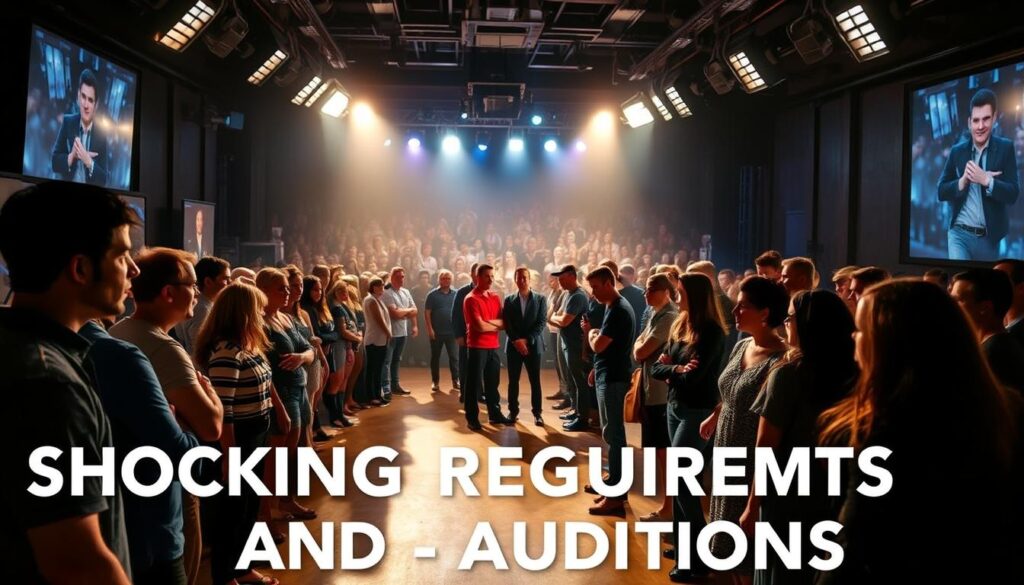A bustling reality TV audition studio, flooded with bright, cinematic lighting. In the foreground, a group of eager hopefuls stand before a panel of scrutinizing judges, their faces a mix of nervous anticipation and determination. In the middle ground, production crew members scurry about, adjusting equipment and coaching participants. The background is a haze of blurred silhouettes, capturing the energy and chaos of the high-stakes audition process. The scene exudes a sense of both excitement and tension, reflecting the "Shocking Requirements and Auditions" that aspiring reality stars must navigate.