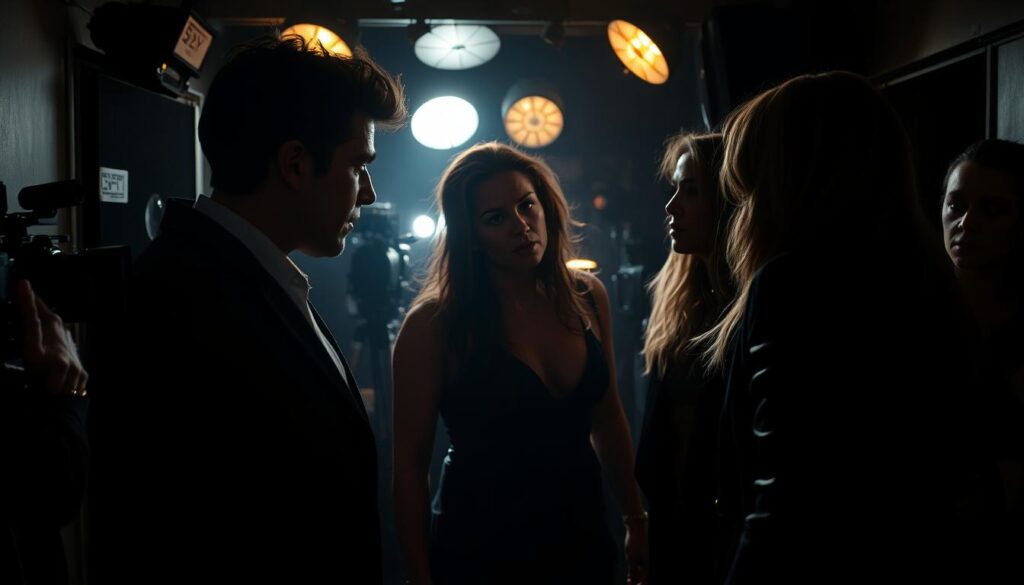 A dimly lit backstage area, cameras and crew in the background, as two reality stars engage in an intense confrontation. Harsh shadows and dramatic lighting accentuate the tension in the air. The stars' expressions are filled with animosity, their body language conveying a sense of conflict and discord. In the foreground, a third star observes the scene, their face a mask of calculated indifference, hinting at secret alliances and hidden agendas. The atmosphere is charged with the electricity of unresolved personal and professional rivalries, a glimpse into the turbulent, off-camera lives of those who captivate audiences.