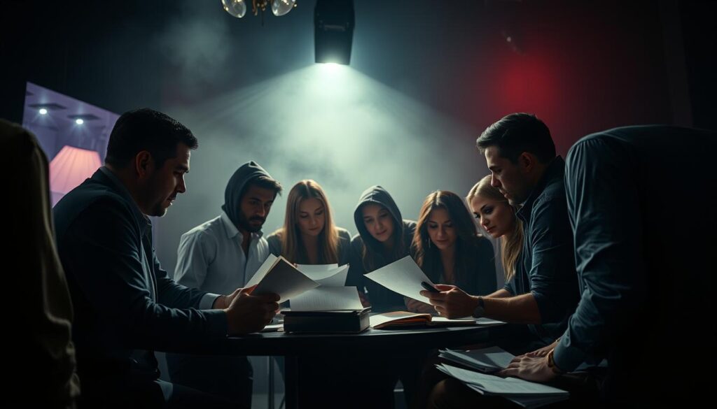 A dimly lit, chaotic backstage scene of a reality TV show casting, with producers and crew members huddled around a table, poring over confidential documents and files. The air is thick with tension and secrecy, as they discuss the personal lives and hidden skeletons of potential cast members, their expressions a mix of intense focus and calculating mischief. The background is hazy, with muted colors and a sense of claustrophobia, emphasizing the clandestine nature of their activities. Dramatic lighting casts dramatic shadows, adding to the air of mystery and intrigue. The overall mood is one of a high-stakes, behind-the-scenes drama, where the pursuit of ratings and drama trumps privacy and ethics. A dimly lit, chaotic backstage scene of a reality TV show casting, with producers and crew members huddled around a table, poring over confidential documents and files. The air is thick with tension and secrecy, as they discuss the personal lives and hidden skeletons of potential cast members, their expressions a mix of intense focus and calculating mischief. The background is hazy, with muted colors and a sense of claustrophobia, emphasizing the clandestine nature of their activities. Dramatic lighting casts dramatic shadows, adding to the air of mystery and intrigue. The overall mood is one of a high-stakes, behind-the-scenes drama, where the pursuit of ratings and drama trumps privacy and ethics.