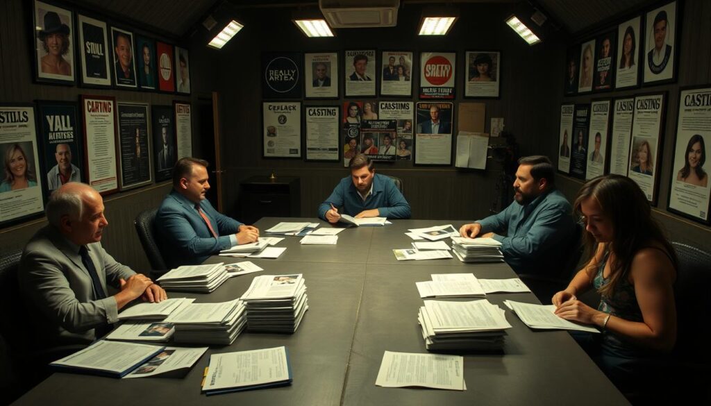 A dimly lit, cramped casting office, with a large table dominating the center. Behind it, a group of weary-looking producers pore over stacks of headshots and resumes, discussing potential contestants in hushed tones. The walls are lined with framed reality show logos, casting call flyers, and candid snapshots of past seasons. The atmosphere is tense, a palpable sense of the high stakes and ruthless competition involved in selecting the perfect cast. Dramatic shadows play across the faces of the producers, hinting at the secrets and manipulation that lie beneath the veneer of "reality" television.