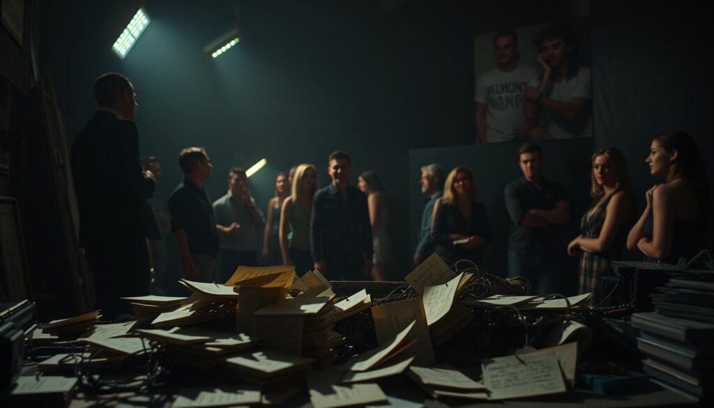 A dimly lit studio filled with hushed whispers and furtive glances. Shadows dance across the faces of a ragtag crew, their expressions marked by a mix of apprehension and excitement. In the foreground, a tangle of rumor-filled notes and overheard conversations spill across a cluttered desk, hinting at the unseen drama unfolding beyond the camera's gaze. The air is thick with tension, as if the very walls hold the secrets of the production. Through a hazy lens, the scene unfolds, capturing the raw, unfiltered essence of the world behind the scenes - a world where reality TV's polished façade gives way to the messy, untamed truth.