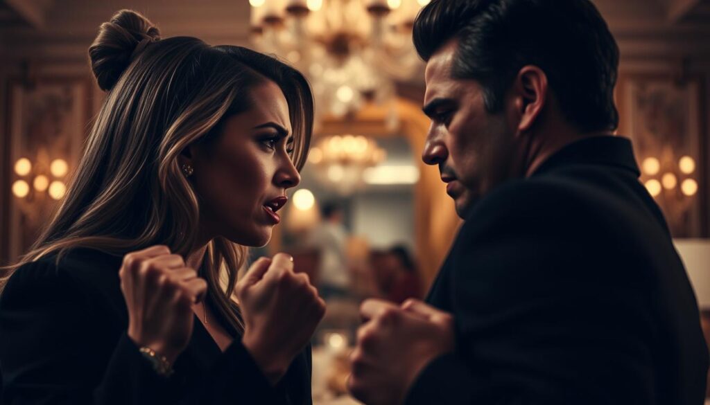 A dramatic, close-up scene of two reality stars engaged in a heated argument, their expressions conveying anguish and distress. The foreground features the couple's intense, emotional exchange, with close-cropped shots of their faces, furrowed brows, and clenched fists. The middle ground showcases the opulent, glamorous setting, hinting at the high-stakes, celebrity-filled world they inhabit. The background is blurred, creating a sense of intimacy and focus on the couple's turbulent interaction. Moody, dramatic lighting casts shadows and highlights the tension, while a shallow depth of field emphasizes the intimate, personal nature of the moment.