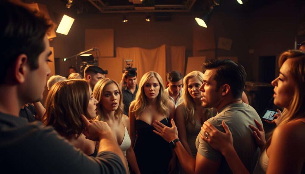 A dramatic scene of reality TV controversies, captured through a cinéma vérité lens. In the foreground, heated arguments and confrontations between cast members, their expressions tense and faces flushed. The middle ground features a production crew, cameras and lighting equipment, hinting at the staged nature of the interactions. In the background, a dimly lit set with scattered props, conveying the artificial environment where these "real" events unfold. The overall atmosphere is one of heightened emotions, ambiguity, and the blurred lines between authenticity and manipulation. A dramatic scene of reality TV controversies, captured through a cinéma vérité lens. In the foreground, heated arguments and confrontations between cast members, their expressions tense and faces flushed. The middle ground features a production crew, cameras and lighting equipment, hinting at the staged nature of the interactions. In the background, a dimly lit set with scattered props, conveying the artificial environment where these "real" events unfold. The overall atmosphere is one of heightened emotions, ambiguity, and the blurred lines between authenticity and manipulation.