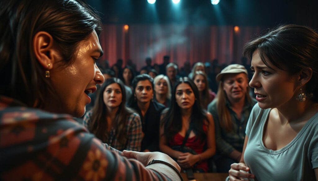 A dramatic scene of the most shocking and emotionally charged moments from reality television, captured in a cinematic wide-angle composition. In the foreground, a heated argument between two family members, their faces twisted in anguish and tears streaming down their cheeks. The middle ground features a stunned studio audience, their expressions ranging from horror to disbelief. In the background, a hazy, ethereal stage set with dramatic lighting, casting long shadows and a sense of heightened tension. The overall mood is one of raw, unfiltered emotion, with a sense of the earth-shattering impact these moments had on popular culture. A dramatic scene of the most shocking and emotionally charged moments from reality television, captured in a cinematic wide-angle composition. In the foreground, a heated argument between two family members, their faces twisted in anguish and tears streaming down their cheeks. The middle ground features a stunned studio audience, their expressions ranging from horror to disbelief. In the background, a hazy, ethereal stage set with dramatic lighting, casting long shadows and a sense of heightened tension. The overall mood is one of raw, unfiltered emotion, with a sense of the earth-shattering impact these moments had on popular culture.
