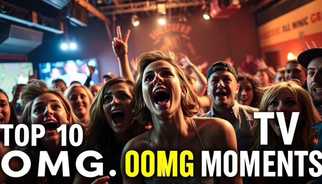A dynamic scene of reality TV's most jaw-dropping moments. In the foreground, a group of people react with shock, their faces frozen in expressions of disbelief and delight. The middle ground features a dramatic reveal or unexpected twist unfolding, captured with a cinematic, wide-angle lens. The background is a blur of activity, hinting at the chaotic, high-energy environment of a reality TV set. Dramatic lighting casts dynamic shadows, creating a sense of tension and heightened emotion. The overall mood is one of electrifying surprise, perfectly encapsulating the essence of the "Top 10 OMG Moments" in reality television.