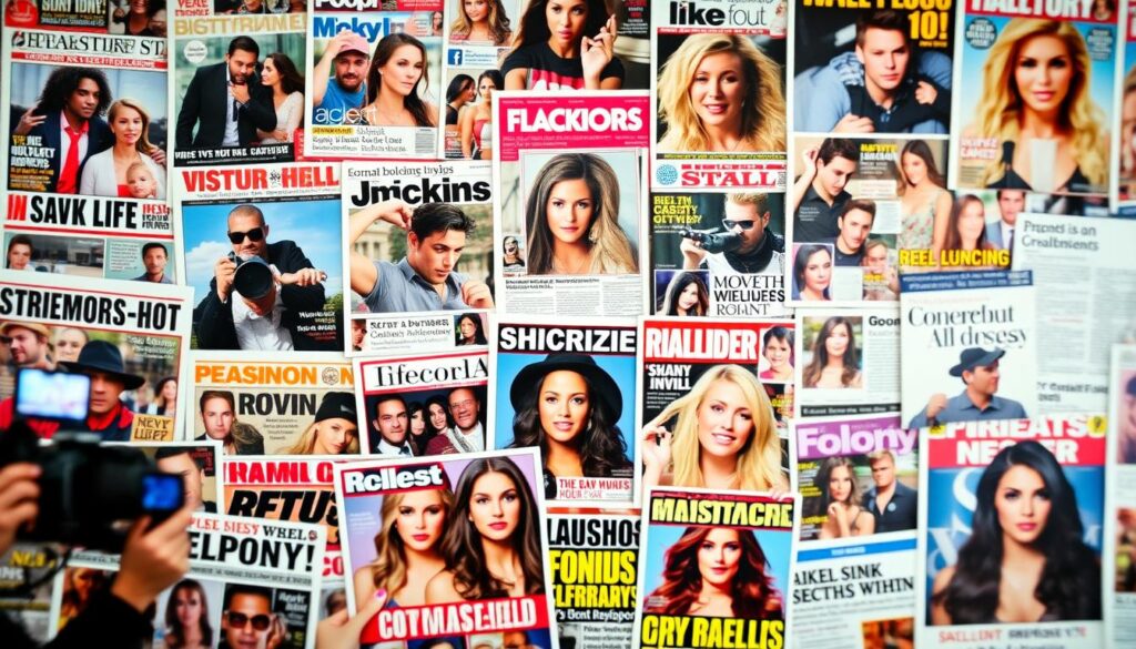 A lively collage of tabloid headlines, candid paparazzi shots, and celebrity social media posts, capturing the relentless flow of unverified rumors and salacious gossip surrounding the private lives of reality TV stars. Bright, bold colors and dynamic layouts create a visually engaging, fast-paced atmosphere, reflecting the frenetic, ever-evolving nature of the celebrity rumor mill. Blurred edges, off-kilter framing, and a shallow depth of field suggest the fleeting, unsubstantiated nature of these unconfirmed reports. Hinting at secrets, hookups, and heartbreaks, the image conveys a sense of drama, scandal, and the public's insatiable appetite for the sordid details of these stars' personal affairs.