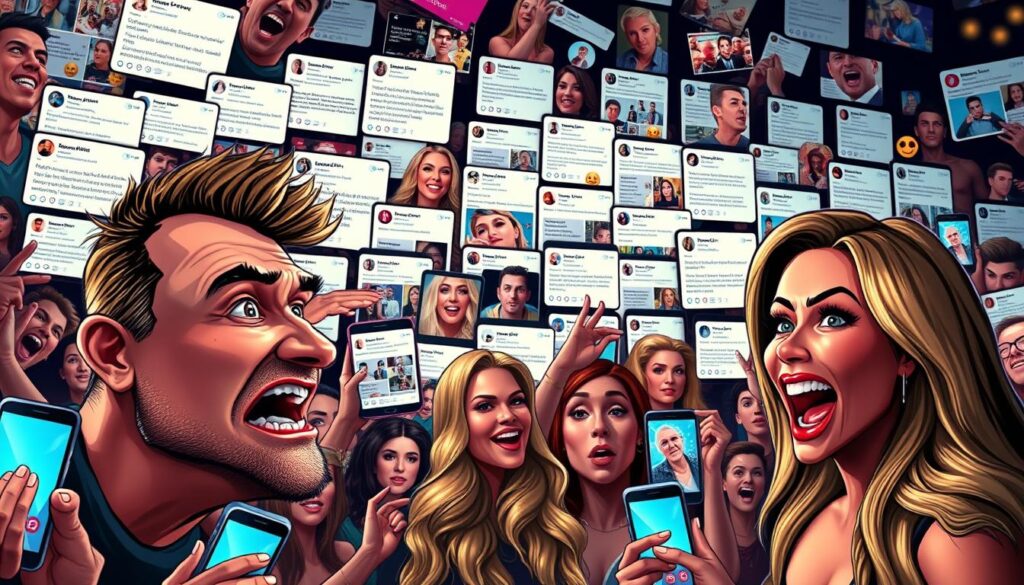 A social media feed overflowing with memes, reactions, and commentary on the explosive drama between reality TV stars. In the foreground, hyper-expressive caricatures of the feuding personalities, their faces exaggerated for comedic effect. The middle ground features a collage of smartphone screens displaying a cascade of viral posts, emojis, and hashtags. The background is a kaleidoscopic blur of scrolling feeds, neon-tinged with the glow of digital devices. Lighting is harsh, casting dramatic shadows to heighten the sense of heightened emotions. The overall tone is one of gleeful, unapologetic schadenfreude as the audience revels in the spectacle unfolding before them.