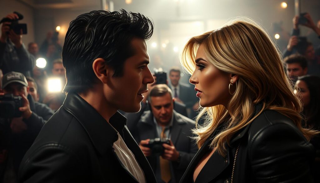 Two reality TV stars stand face-to-face, expressions tense and confrontational, surrounded by a chaotic swirl of flashing paparazzi cameras and onlookers. The foreground is bathed in harsh, dramatic lighting, casting harsh shadows and highlights that emphasize the drama and tension of the moment. The middle ground is a blur of motion and activity, with the stars' entourages and security personnel trying to intervene. The background is hazy and indistinct, suggesting the overwhelming public attention and scrutiny. The overall mood is one of high-stakes conflict, amplified by the cinematic, stylized treatment. Two reality TV stars stand face-to-face, expressions tense and confrontational, surrounded by a chaotic swirl of flashing paparazzi cameras and onlookers. The foreground is bathed in harsh, dramatic lighting, casting harsh shadows and highlights that emphasize the drama and tension of the moment. The middle ground is a blur of motion and activity, with the stars' entourages and security personnel trying to intervene. The background is hazy and indistinct, suggesting the overwhelming public attention and scrutiny. The overall mood is one of high-stakes conflict, amplified by the cinematic, stylized treatment.