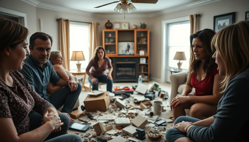 a hyper-realistic, cinéma vérité style image of a dysfunctional reality TV family embroiled in a heated argument, shot with a wide-angle lens and natural lighting to create an immersive, fly-on-the-wall perspective. The family members are positioned in the foreground, their faces contorted with anger and despair, while the middle ground features a chaotic mess of shattered household items, scattered papers, and overturned furniture. The background is blurred, suggesting the claustrophobic confines of a modest suburban home, heightening the sense of tension and drama. The overall tone is gritty, intense, and emotionally charged, capturing the raw, unfiltered essence of reality TV's "producers' tricks" to create captivating, high-stakes television.