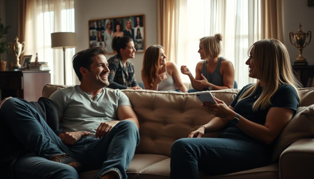 A candid behind-the-scenes moment of reality TV stars' genuine camaraderie. A cozy living room setting, softly lit by natural light filtering through sheer curtains. In the foreground, two friends - a man and a woman - sit closely together on a plush sofa, laughing heartily as they recount stories, their bodies language relaxed and open. In the middle ground, another pair of stars engage in a lively discussion, gesturing animatedly. The background hints at the trappings of fame - a photo collage on the wall, a trophy or two. Yet the atmosphere conveys a sense of intimacy, rawness and unguarded connection, a rare glimpse into the private bonds of public personas.