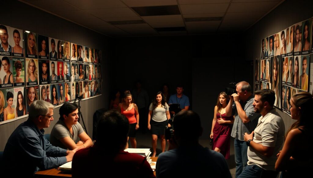 A dimly lit room, its walls adorned with posters and headshots of aspiring reality TV stars. In the foreground, a group of producers huddle around a table, their expressions guarded, as they scrutinize a stack of audition tapes. The middle ground is filled with a sense of anticipation, as hopeful contestants pace the room, nervously awaiting their turn to impress. In the background, a lone camera crew captures the scene, their lenses trained on the unfolding drama. The atmosphere is tense, the air thick with the secrets and sacrifices that come with chasing the elusive dream of reality TV fame. A dimly lit room, its walls adorned with posters and headshots of aspiring reality TV stars. In the foreground, a group of producers huddle around a table, their expressions guarded, as they scrutinize a stack of audition tapes. The middle ground is filled with a sense of anticipation, as hopeful contestants pace the room, nervously awaiting their turn to impress. In the background, a lone camera crew captures the scene, their lenses trained on the unfolding drama. The atmosphere is tense, the air thick with the secrets and sacrifices that come with chasing the elusive dream of reality TV fame.