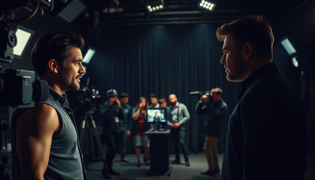 A dimly lit studio, cameras and lighting equipment casting dramatic shadows. In the foreground, two reality TV stars engage in a heated exchange, their expressions intense and revealing a hidden conflict. The middle ground showcases a production crew huddled around a monitor, capturing the unfolding drama. In the background, a curtain or partition hints at the stage-managed nature of the proceedings, creating a sense of voyeurism. Moody, high-contrast lighting and a cinéma vérité aesthetic heighten the sense of authenticity and behind-the-scenes access.
