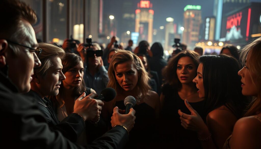 A dramatic, high-contrast scene of reality TV controversies, captured with a cinematic wide-angle lens. In the foreground, a group of reality stars embroiled in a heated argument, their expressions tense and confrontational. The middle ground features a paparazzi swarm, cameras flashing and microphones thrust towards the subjects. In the background, a blurred, neon-lit cityscape symbolizes the glitz and glamour of the entertainment industry. Dramatic chiaroscuro lighting casts deep shadows, heightening the sense of tension and drama. An atmosphere of scandal, gossip, and the relentless pursuit of fame permeates the scene. A dramatic, high-contrast scene of reality TV controversies, captured with a cinematic wide-angle lens. In the foreground, a group of reality stars embroiled in a heated argument, their expressions tense and confrontational. The middle ground features a paparazzi swarm, cameras flashing and microphones thrust towards the subjects. In the background, a blurred, neon-lit cityscape symbolizes the glitz and glamour of the entertainment industry. Dramatic chiaroscuro lighting casts deep shadows, heightening the sense of tension and drama. An atmosphere of scandal, gossip, and the relentless pursuit of fame permeates the scene.