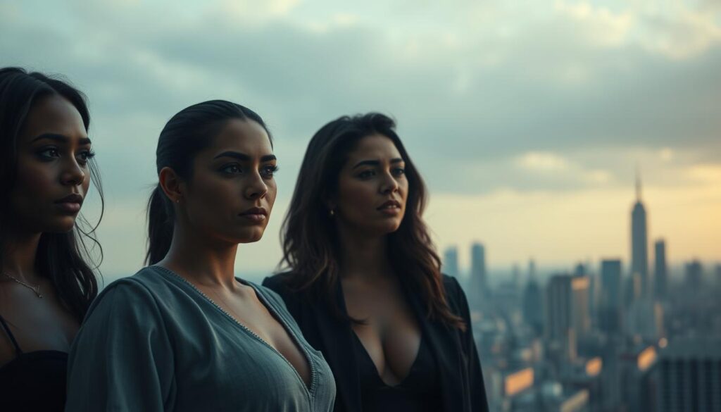 A serene, cinematic scene of redemption unfolds - a group of reality stars, once embroiled in scandal, now standing together, their expressions a mix of introspection and a newfound sense of purpose. Soft, diffused lighting bathes the scene, creating an almost ethereal atmosphere. In the foreground, a trio of figures, their faces reflecting a journey of growth and self-discovery. In the middle ground, a backdrop of a city skyline, hinting at the backdrop of their public lives. The mood is contemplative, conveying a sense of personal transformation and the power of second chances. Captured through a wide-angle lens, the image invites the viewer to bear witness to this pivotal moment of redemption.