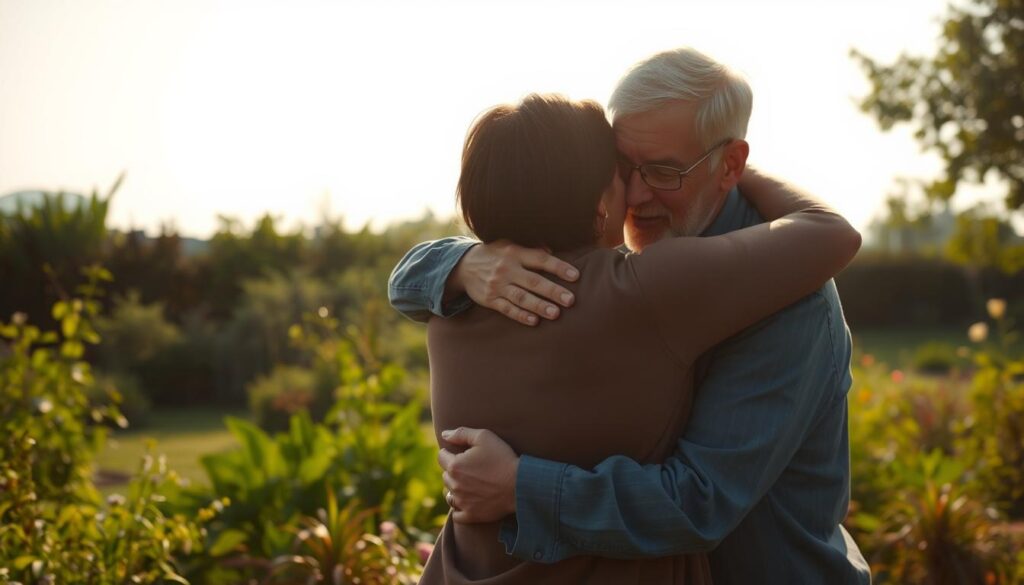 A serene, sun-drenched scene of two individuals embracing in a heartfelt reconciliation. In the foreground, their expressions convey a mixture of relief, forgiveness, and a renewed sense of connection. The middle ground showcases a lush, verdant garden, hinting at the growth and renewal that can emerge from difficult pasts. In the background, a soft, hazy sky lends an air of tranquility and redemption, as if the weight of past transgressions has been lifted. Captured through a warm, slightly soft-focused lens, the image evokes a sense of empathy, understanding, and the power of forgiveness to heal.