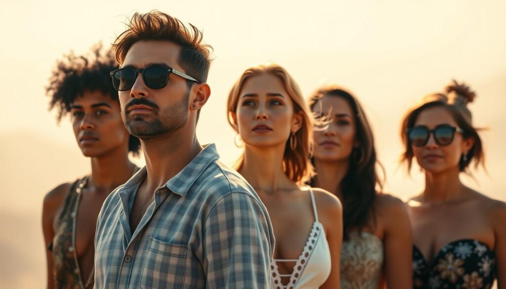 A serene, sun-drenched setting with a small group of individuals at the center, each radiating a sense of introspection and resilience. In the foreground, a former reality star stands tall, their gaze fixed on the horizon, embodying a journey of personal redemption. Surrounding them, their peers - once embroiled in scandal and controversy - now exude an aura of wisdom and self-acceptance, their expressions conveying the weight of their experiences and the hard-won lessons they've learned. The background is hazy, blurred, suggesting a departure from the glitz and glamour of their former lives, as they embrace a more grounded, authentic existence. The lighting is soft and warm, casting a gentle glow that emphasizes the emotional depth and personal growth captured within the frame.