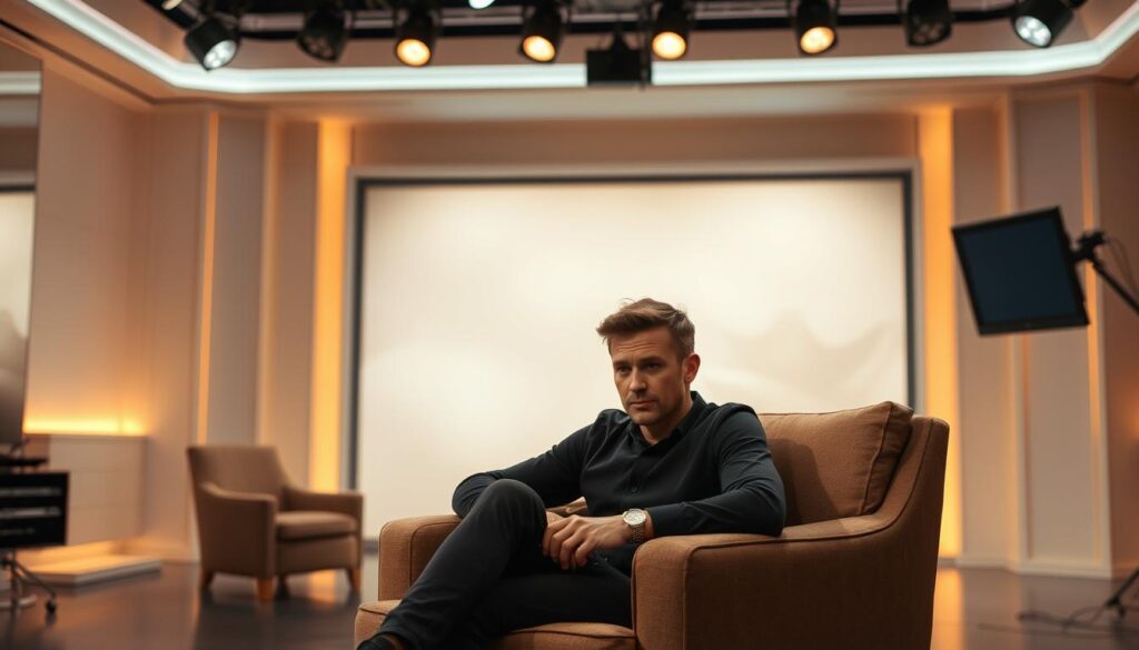 A sleek, modern TV studio with a minimalist, polished aesthetic. The foreground features a plush, comfortable armchair where a reality TV cast member sits, leaning forward with a pensive, vulnerable expression, ready to share their candid, unscripted thoughts. Soft, warm lighting from overhead creates a cozy, intimate atmosphere, while the middle ground showcases a clean, elegant backdrop with a subtle pattern or texture, drawing the viewer's focus to the central subject. The background maintains a subtle, out-of-focus blur, hinting at the larger production environment without distracting from the cast member's captivating reveal. The overall mood is one of raw honesty, vulnerability, and the magic of a truly compelling reality TV moment.