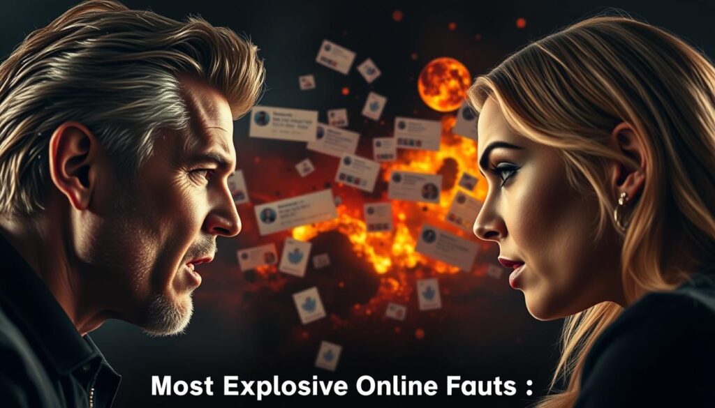 A tense, high-contrast scene of reality TV stars engaged in a heated social media feud. In the foreground, two famous faces lock eyes, expressions filled with animosity as they exchange furious digital barbs. The middle ground is a swirling tempest of angry tweets, Instagram posts, and comment section flames, capturing the explosive online drama. The background is a shadowy, moody realm of dark colors and dramatic lighting, conveying the intensity and gravitas of these celebrity clashes. Shoot this using a cinematic wideangle lens to emphasize the scale and magnitude of the conflict, with a somber, serious tone that befits the "Most Explosive Online Fights" subject.