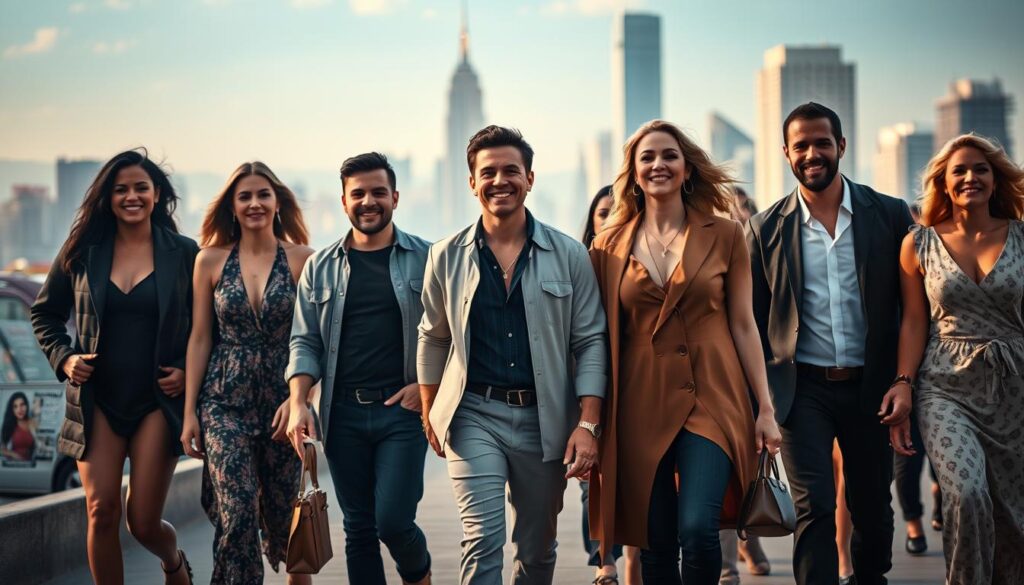 A vibrant, cinematic scene of reality TV stars triumphantly rising from past scandals. In the foreground, a group of charismatic individuals stride confidently, faces beaming with renewed purpose. Soft, warm lighting casts a glow of redemption, while the middle ground showcases a collage of magazine covers and social media posts, chronicling their transformative journeys. In the background, a blurred cityscape symbolizes the grand stage upon which they now command attention, having overcome their previous missteps. Captured with a wide-angle lens to convey a sense of scale and grandeur, this image exudes a palpable atmosphere of second chances and the power of human resilience.