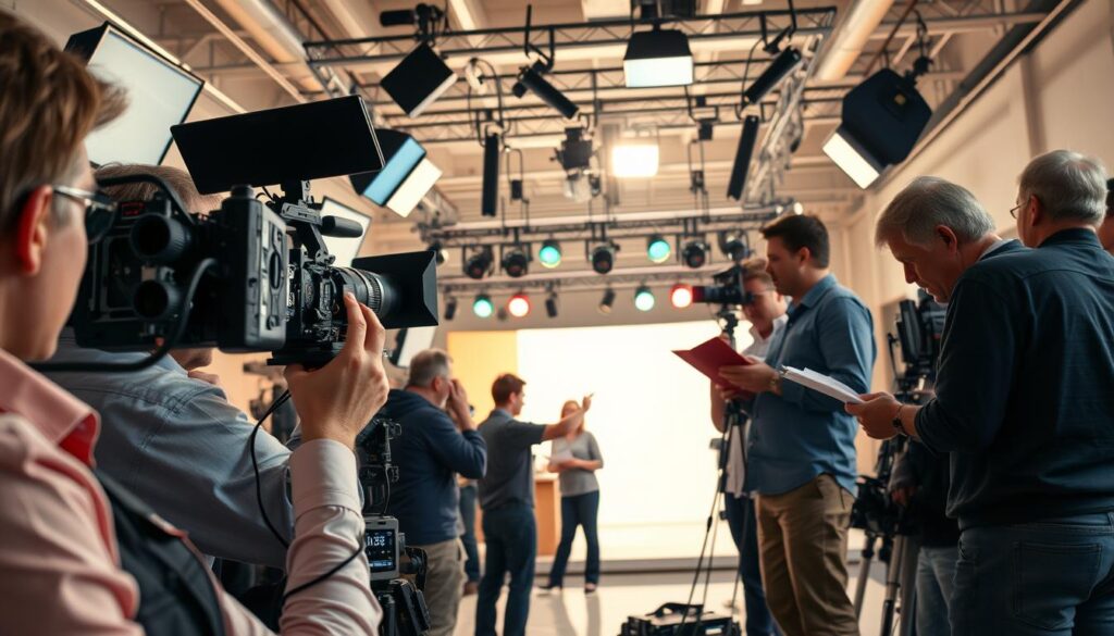 A bustling reality TV film set featuring a diverse crew at work, capturing the essence of behind-the-scenes filming techniques. In the foreground, a director, dressed in professional attire, is closely observing the scene through a monitor, with a camera operator adjusting the lens on a professional camera. The middle ground showcases a brightly lit set with various lighting rigs and microphones strategically placed overhead, while a producer discusses notes with a script supervisor, ensuring everything runs smoothly. In the background, art department members adjust props to enhance the scene. Soft, natural lighting enhances the vibrant atmosphere, conveying a sense of urgency and focus, highlighting the collaborative efforts of the crew in creating engaging television content.