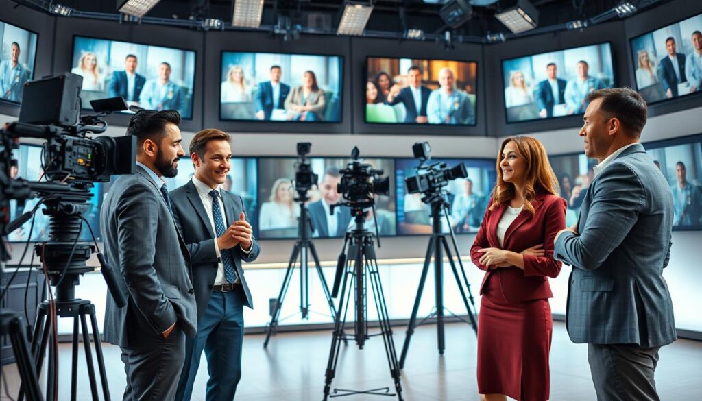 A captivating reality TV documentary scene set in a modern studio environment. In the foreground, a diverse group of four individuals—two men and two women—dressed in professional business attire, engage in animated discussion. The middle ground features an array of cameras and production equipment capturing their dialogue, highlighting the behind-the-scenes essence of reality TV. The background showcases monitors displaying previous reality TV clips, creating a contrast between past and present influences. Bright, diffused lighting emphasizes a lively and engaging atmosphere, while a wide-angle lens captures the dynamic interaction among the participants. The overall mood conveys excitement and creativity, reflecting the blend of genres in reality television. Energetic yet professional, the image illustrates the techniques borrowed from other entertainment genres. A captivating reality TV documentary scene set in a modern studio environment. In the foreground, a diverse group of four individuals—two men and two women—dressed in professional business attire, engage in animated discussion. The middle ground features an array of cameras and production equipment capturing their dialogue, highlighting the behind-the-scenes essence of reality TV. The background showcases monitors displaying previous reality TV clips, creating a contrast between past and present influences. Bright, diffused lighting emphasizes a lively and engaging atmosphere, while a wide-angle lens captures the dynamic interaction among the participants. The overall mood conveys excitement and creativity, reflecting the blend of genres in reality television. Energetic yet professional, the image illustrates the techniques borrowed from other entertainment genres.