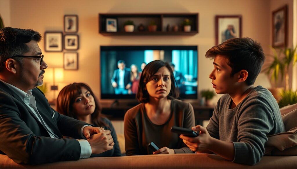 A close-up scene depicting a diverse group of individuals watching reality TV in a cozy living room setting. In the foreground, two adults in professional business attire are sitting on a couch, their expressions reflecting a mix of intrigue and concern. Nearby, a young adult in modest casual clothing holds a remote, looking increasingly anxious. The middle ground features a television screen illuminating their faces, displaying a dramatic moment from a reality show. The background is softly blurred, showcasing family photos and potted plants, conveying a lived-in environment. The lighting is warm and inviting, yet slightly dim, creating an intimate atmosphere. The overall mood is reflective, capturing the impact of reality TV on viewers' mental health without any provocative elements. A close-up scene depicting a diverse group of individuals watching reality TV in a cozy living room setting. In the foreground, two adults in professional business attire are sitting on a couch, their expressions reflecting a mix of intrigue and concern. Nearby, a young adult in modest casual clothing holds a remote, looking increasingly anxious. The middle ground features a television screen illuminating their faces, displaying a dramatic moment from a reality show. The background is softly blurred, showcasing family photos and potted plants, conveying a lived-in environment. The lighting is warm and inviting, yet slightly dim, creating an intimate atmosphere. The overall mood is reflective, capturing the impact of reality TV on viewers' mental health without any provocative elements.