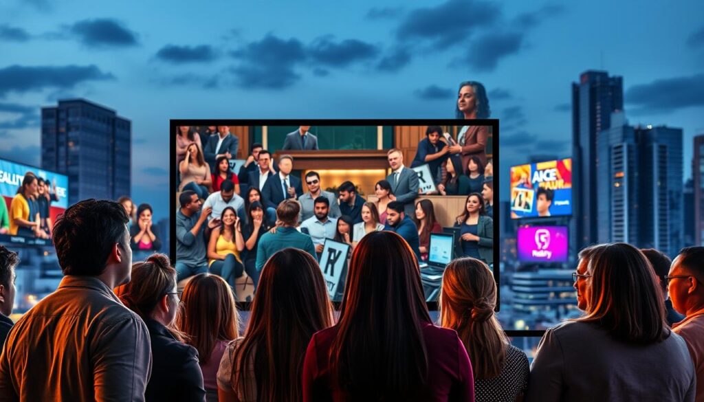 A collage of diverse individuals engaging with reality TV, illustrating its societal critiques. In the foreground, a group of people in professional attire and modest casual clothing are intently watching a large television screen featuring a reality show scene filled with dramatic expressions. In the middle, a fragmented reflection of society shows contrasting elements: some individuals are engaged in animated discussions while others appear zoned out, showcasing a range of emotional responses. In the background, a cityscape at dusk represents modern society, with glowing billboards promoting reality shows, subtly integrating elements of consumerism. The lighting is warm, with a focus on the television's glow creating a contrast between the vibrant screen and the cooler tones of the surroundings. The overall mood conveys a sense of engagement, critique, and contemplation about the impact of reality TV on contemporary culture.