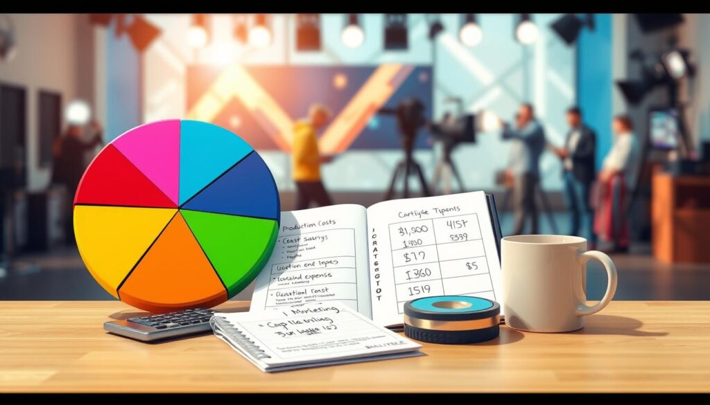 A detailed, visually engaging illustration of a reality TV filming budget breakdown. In the foreground, a large, colorful pie chart showcases different categories: production costs, cast salaries, location expenses, and marketing, each with distinctive colors. In the middle, an open planner with neatly organized notes, highlighting key budget figures, sits beside a calculator and a coffee cup, suggesting an active planning session. The background features a subtle blurred image of a bustling television studio, with crew members setting up equipment, enhancing the atmosphere of a professional setting. Bright, natural lighting creates an optimistic and focused mood, while a soft depth of field brings attention to the budget breakdown elements.