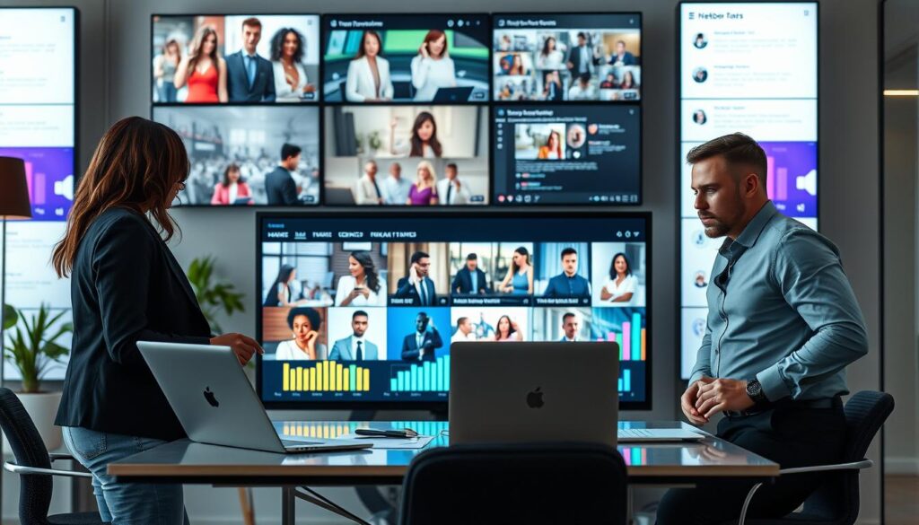 A dynamic analysis scene depicting trending reality TV moments, set within a modern, stylish office environment. In the foreground, a diverse group of three professionals—one woman and two men—are intently focused on a large digital screen displaying a montage of viral reality TV clips, with vibrant visuals of iconic moments. The middle layer features a sleek table with laptops, charts, and colorful graphics illustrating viewer engagement metrics. In the background, a wall of monitors showcases social media feeds and trending hashtags. The lighting is bright and energetic, creating a lively atmosphere. Use a shallow depth of field to emphasize the professionals' expressions and the glowing screen, capturing the excitement and intrigue of how these moments captivate audiences. A dynamic analysis scene depicting trending reality TV moments, set within a modern, stylish office environment. In the foreground, a diverse group of three professionals—one woman and two men—are intently focused on a large digital screen displaying a montage of viral reality TV clips, with vibrant visuals of iconic moments. The middle layer features a sleek table with laptops, charts, and colorful graphics illustrating viewer engagement metrics. In the background, a wall of monitors showcases social media feeds and trending hashtags. The lighting is bright and energetic, creating a lively atmosphere. Use a shallow depth of field to emphasize the professionals' expressions and the glowing screen, capturing the excitement and intrigue of how these moments captivate audiences.