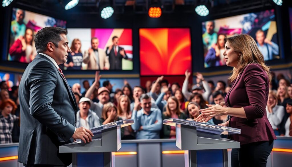 A dynamic scene capturing a vibrant reality TV debate set, featuring diverse participants engaged in passionate discussion. In the foreground, two contestants, a man in a sharp suit and a woman in a stylish business outfit, are animatedly debating a controversial topic, their expressions intense and focused. In the middle ground, a diverse audience of fans, showing varied emotions from excitement to skepticism, reacts to the debate with enthusiastic gestures. The background features colorful banners and screens displaying iconic reality TV moments, creating a lively atmosphere. The lighting is bright and dramatic, with spotlights on the contestants, enhancing the tension of the debate. Capture the overall mood of anticipation and passionate discourse, reminiscent of a heated reality TV showdown.