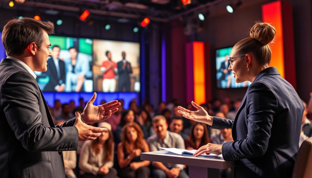 A dynamic scene depicting a lively debate on reality TV stardom. In the foreground, two charismatic individuals in professional business attire passionately engage in a discussion, gesturing expressively. One has short, stylish hair and the other sports a sleek bun, emphasizing modern fashion. In the middle ground, a diverse audience watches intently, with various reactions from interest to skepticism, showcasing the differing opinions on reality TV fame. The background features a brightly lit stage with vibrant colors and large screens displaying clips of popular reality shows, creating an exciting atmosphere. The lighting is warm and inviting, enhancing the emotions of the moment, while a slightly elevated viewpoint captures the energy of the debate, making the scene feel dynamic and engaging. The overall mood reflects a blend of enthusiasm and critical analysis, embodying the question of fleeting hype versus true fame.