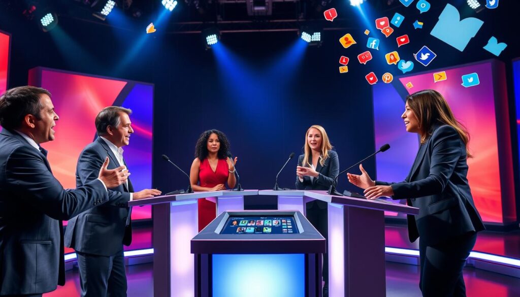 A dynamic scene depicting a lively reality TV debate set, with a diverse panel of four participants in professional attire, passionately discussing heated topics related to social media controversies. In the foreground, two participants engage energetically, their expressions conveying intensity and excitement. The middle ground features a sleek, modern debate table adorned with microphones and digital screens displaying social media reaction graphics. In the background, a bright stage lit with colorful spotlights adds a dramatic flair. The atmosphere is charged with tension, capturing the essence of online debates, with abstract social media icons swirling in the air, symbolizing the rapid spread of opinions. Use a slightly tilted angle to emphasize the action and energy of the debate.